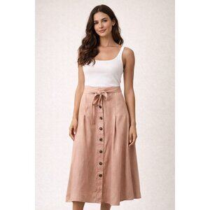 Reiss Blush Linen Blend Button Front Midi Skirt Tie Waist Minimalist EU40